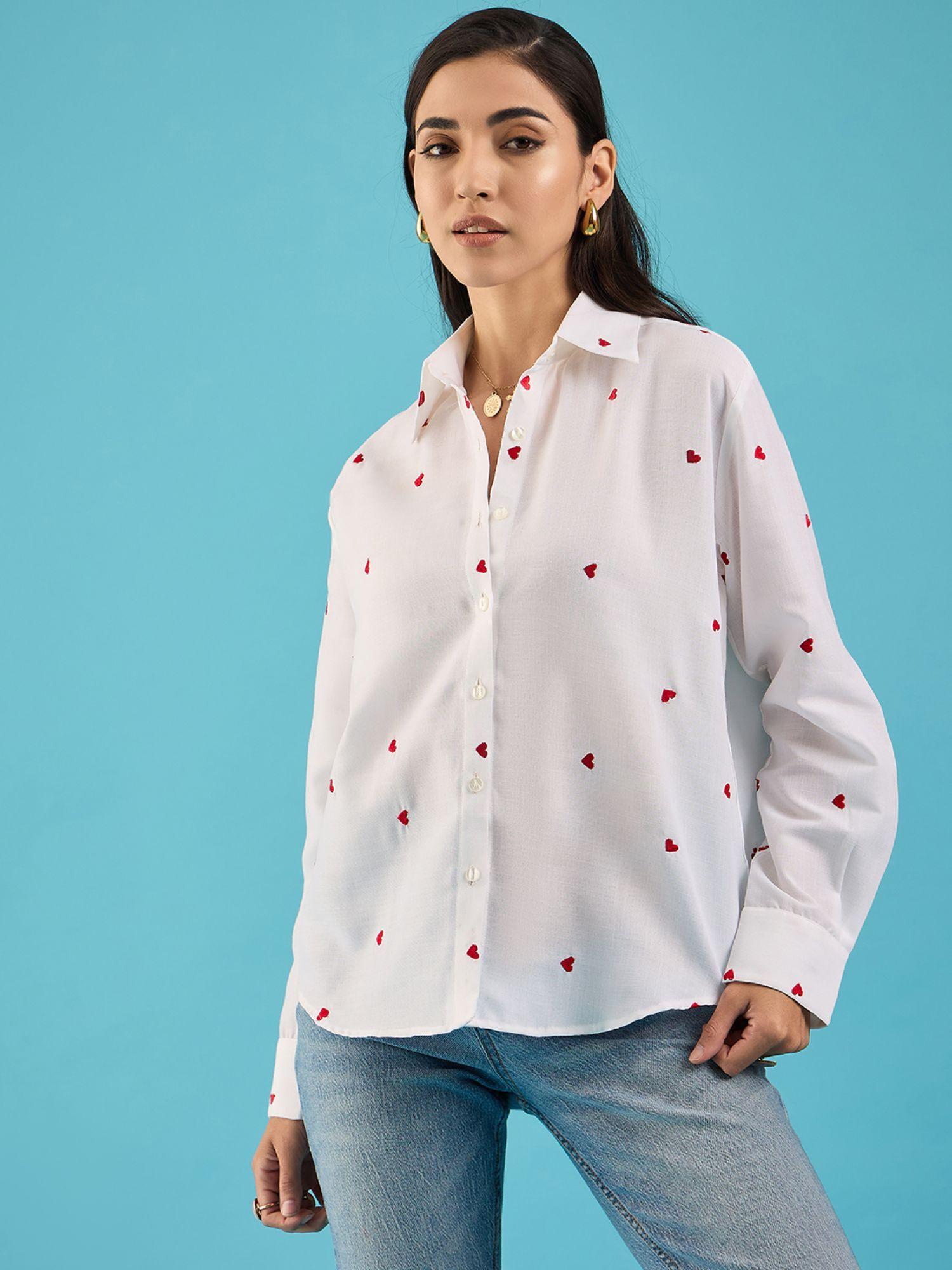 white hearts embroidered cotton shirt