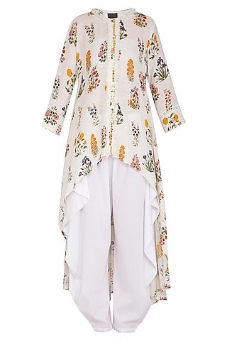 white high-low embroidered tunic with dhoti pants