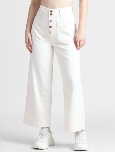 white high rise button front wide leg jeans
