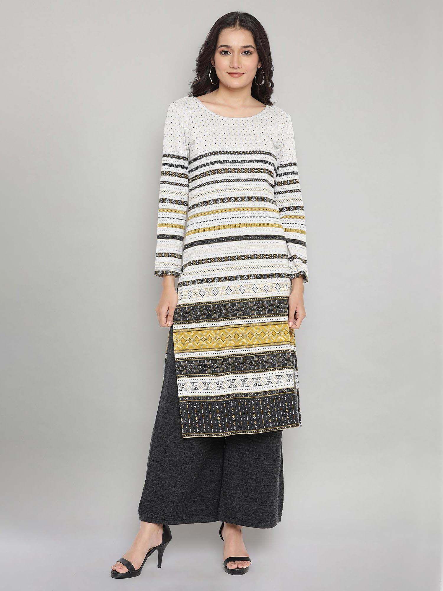 white jacquard kurta with stripe print