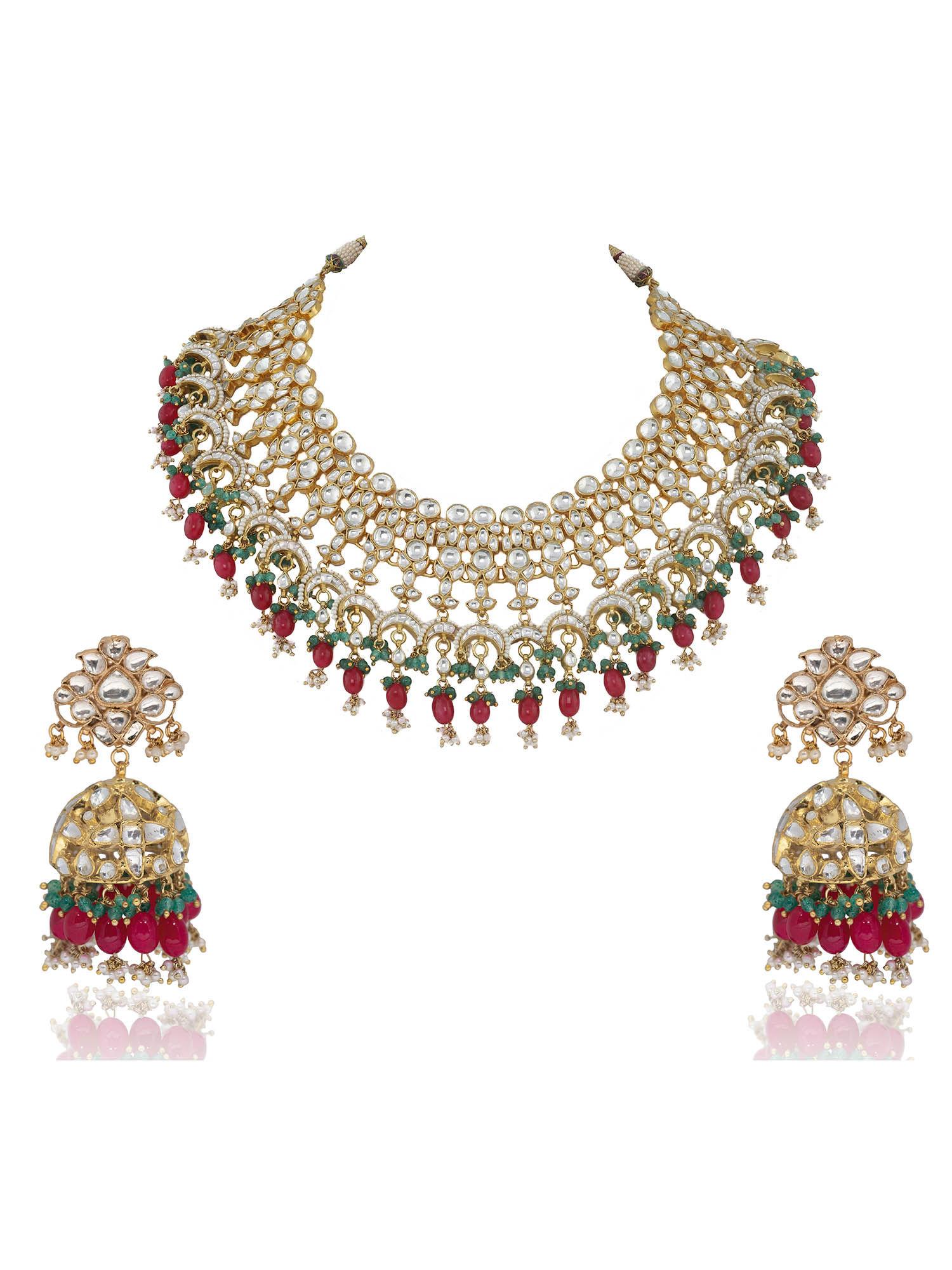 white jadtar stone heavy bridal necklace set pink beads and jhumki (set of 2)