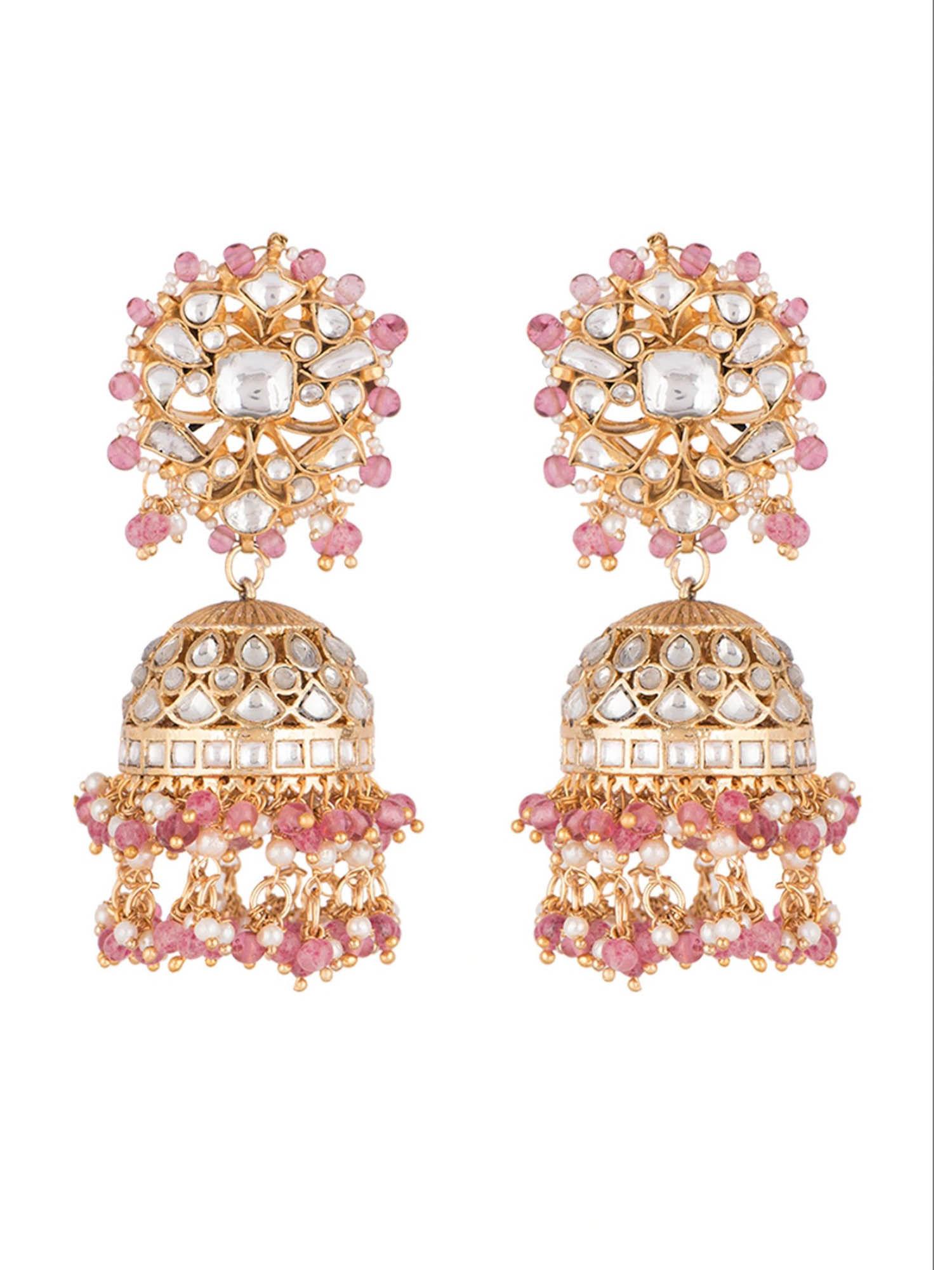 white jadtar stone jhumki earrings beaded with light pink beads and pearl