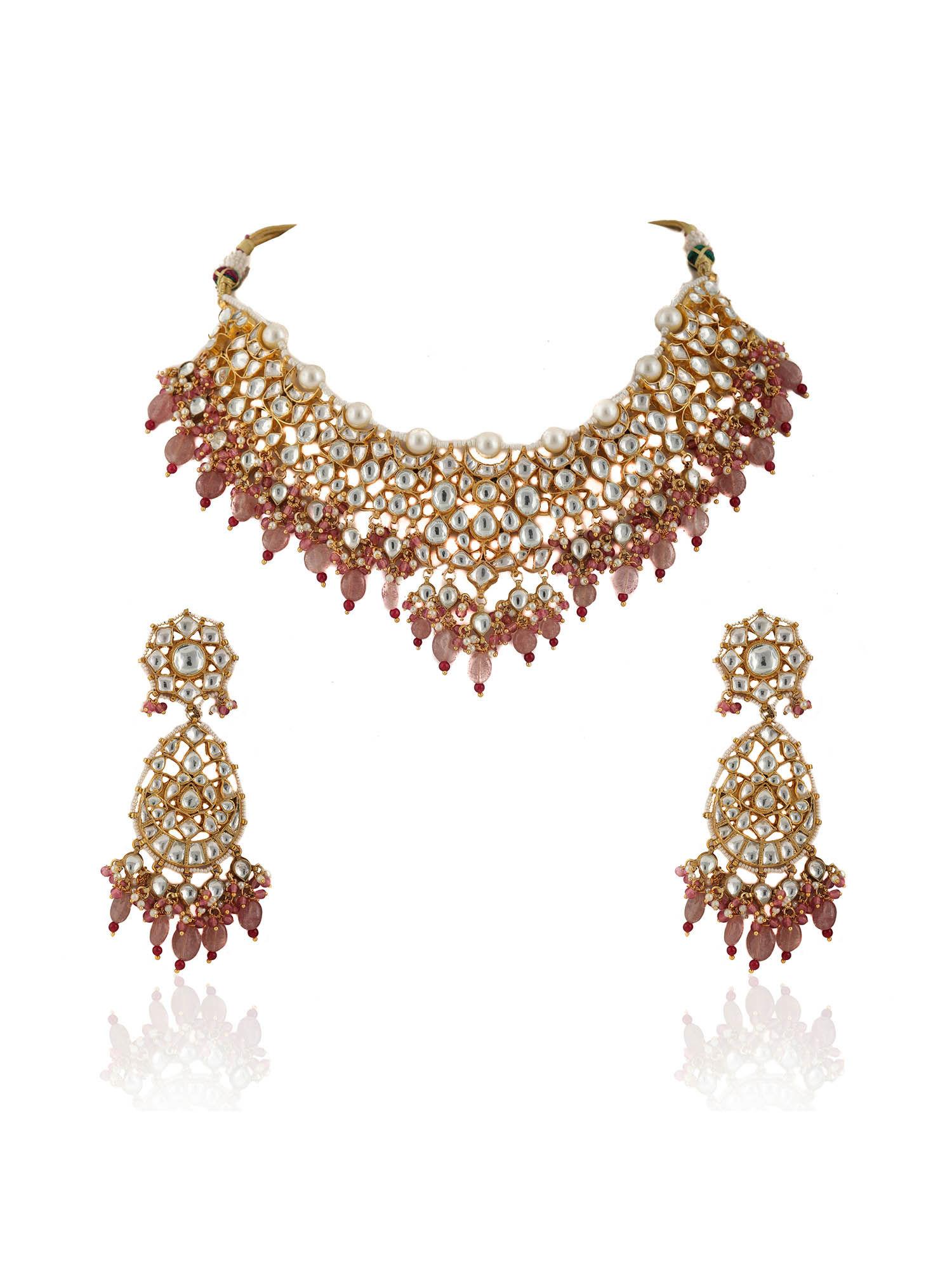white jadtar stone necklace beaded moti work & light pink beads & pearl (set of 2)
