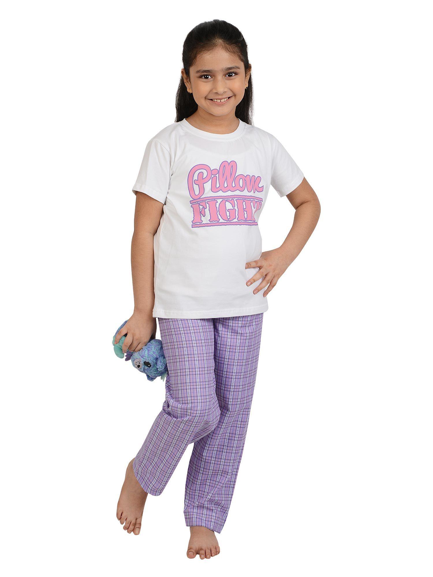 white jersey tee with purple pyjamas night wear for kids white (set of 2)