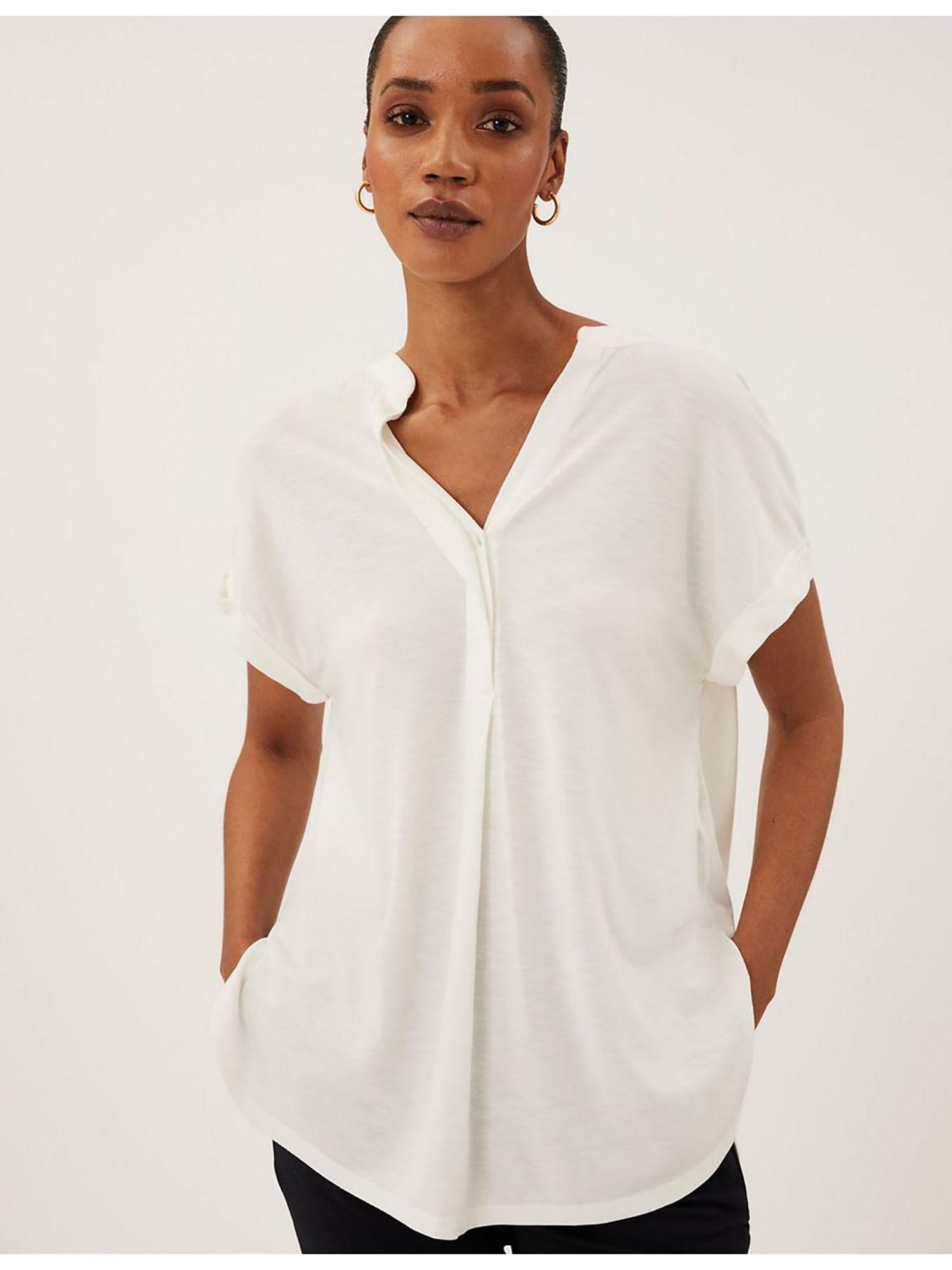 white jersey v-neck short sleeve popover blouse