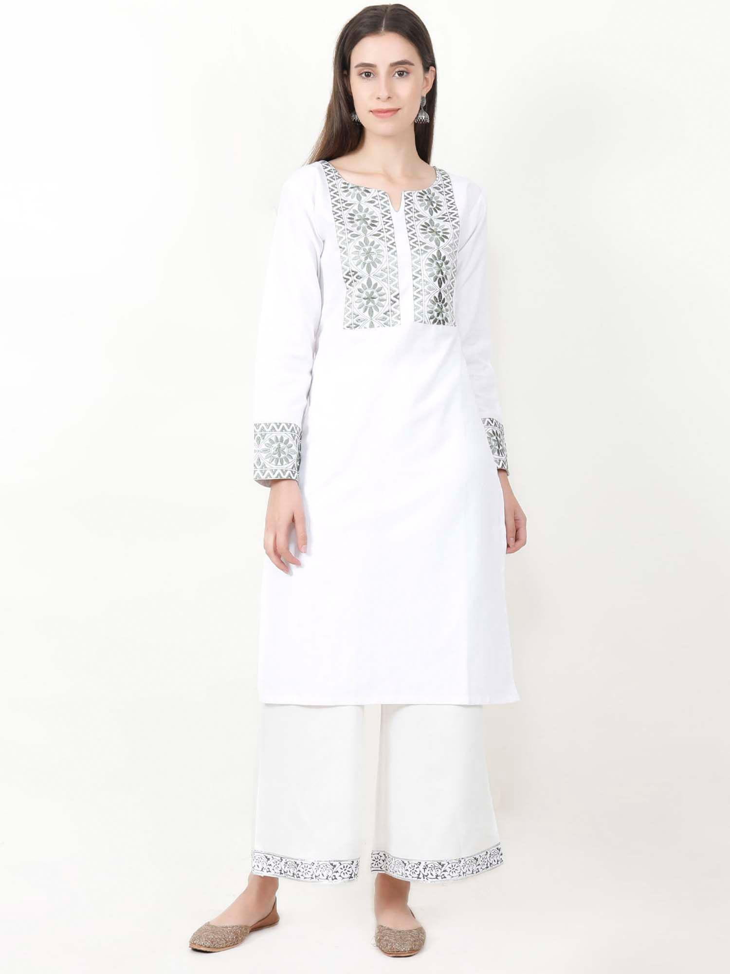 white kantha embroidered kurta