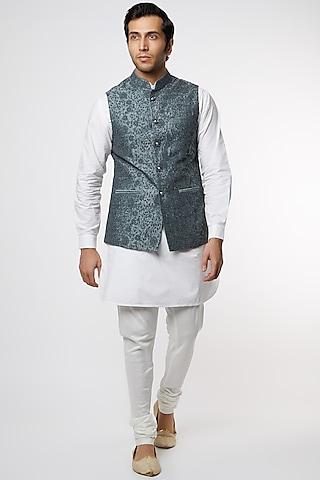 white katan kurta set with embroidered bundi jacket