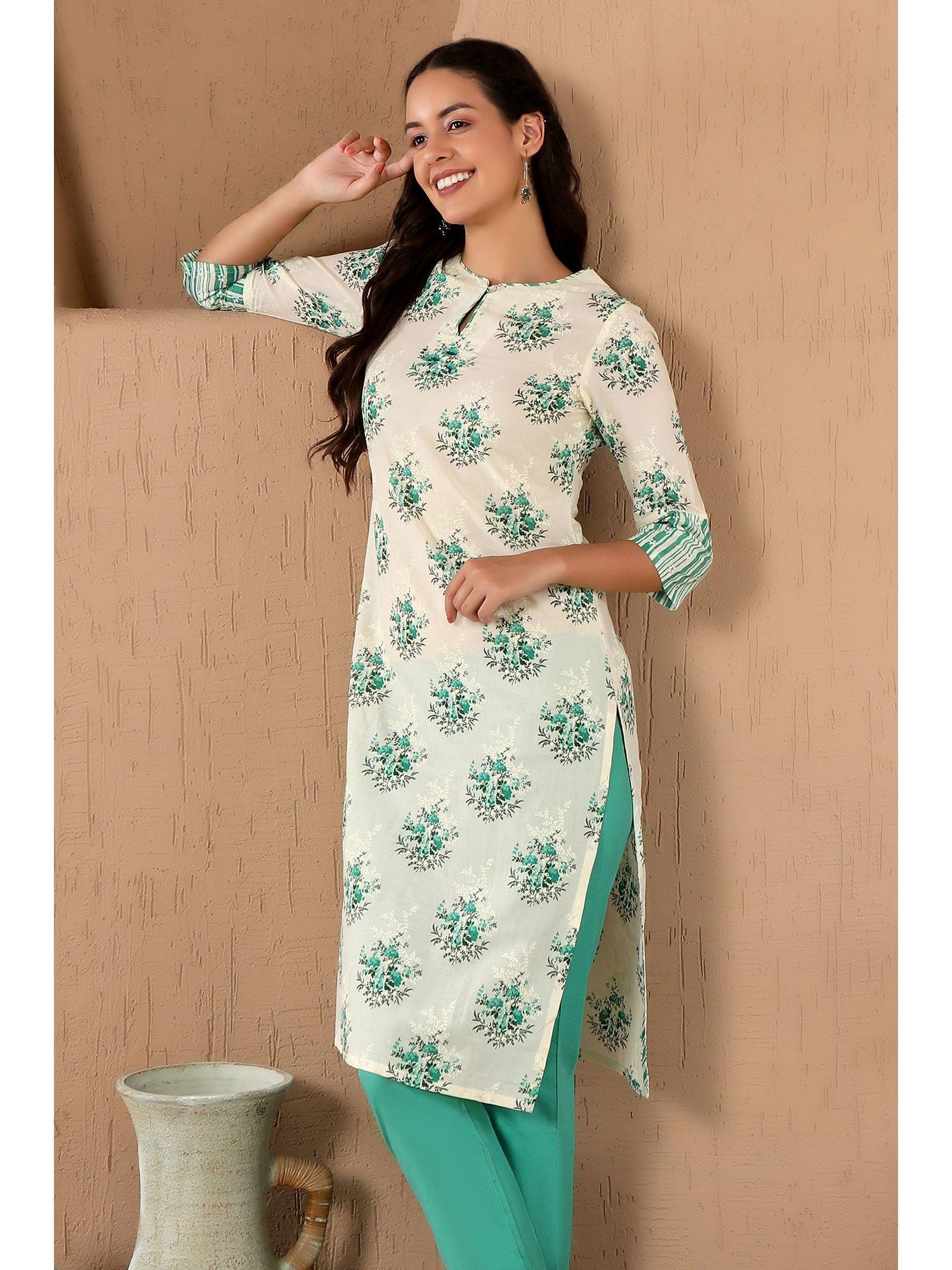 white keyhole neck floral printed kurta