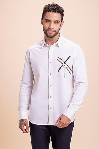 white knit abstract motif hand embroidered shirt