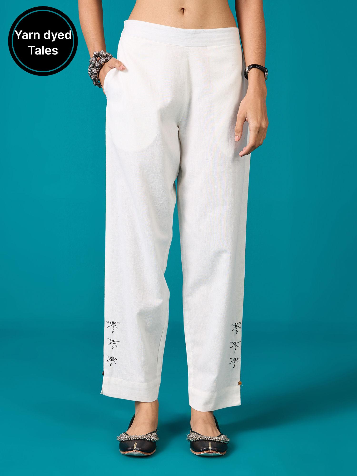 white kora cotton flex embroidered straight pant likbtm08