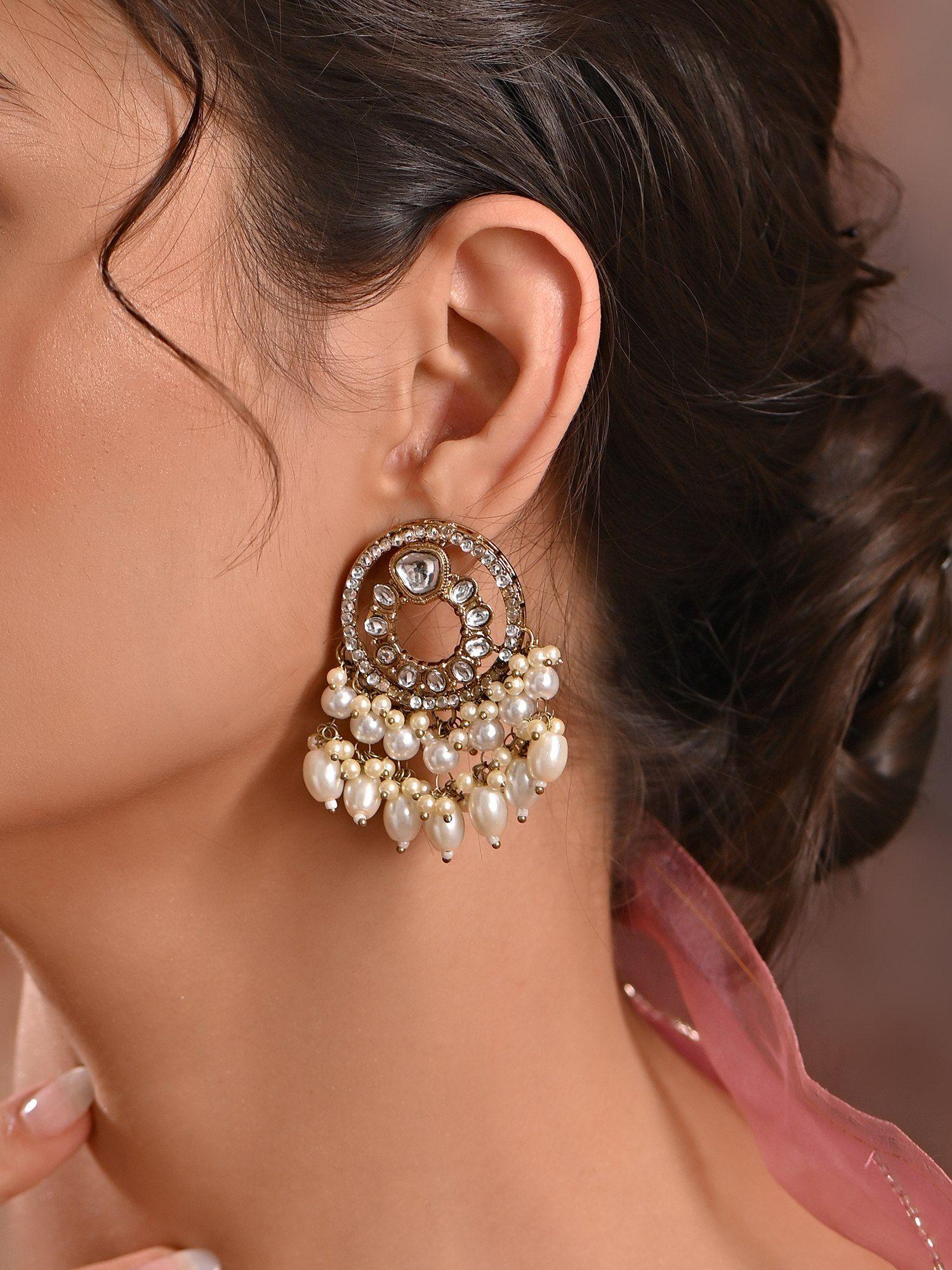 white kundan pearl ethnic wedding round drop earrings