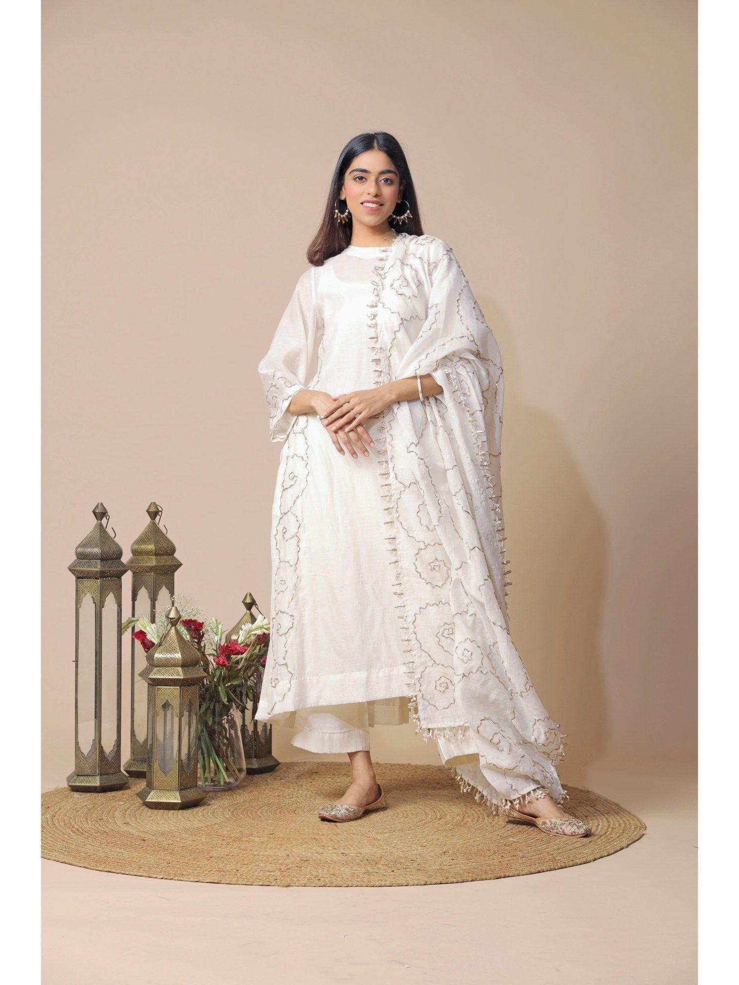 white kurta and pant with embroidered chanderi dupatta (set of 3)