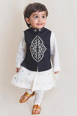 white kurta set with embroidered bundi jacket  for boys