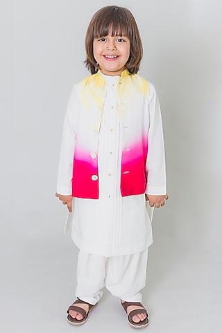white kurta set with printed jacket  for boys