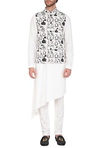 white kurta set with printed jacket