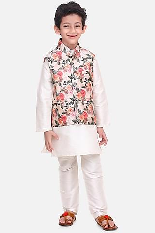 white kurta set with printed nehru jacket for boys