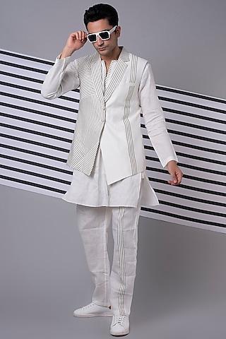 white kurta set with striped bundi jacket