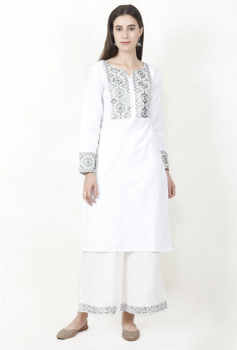 white kurta with olive green kantha work