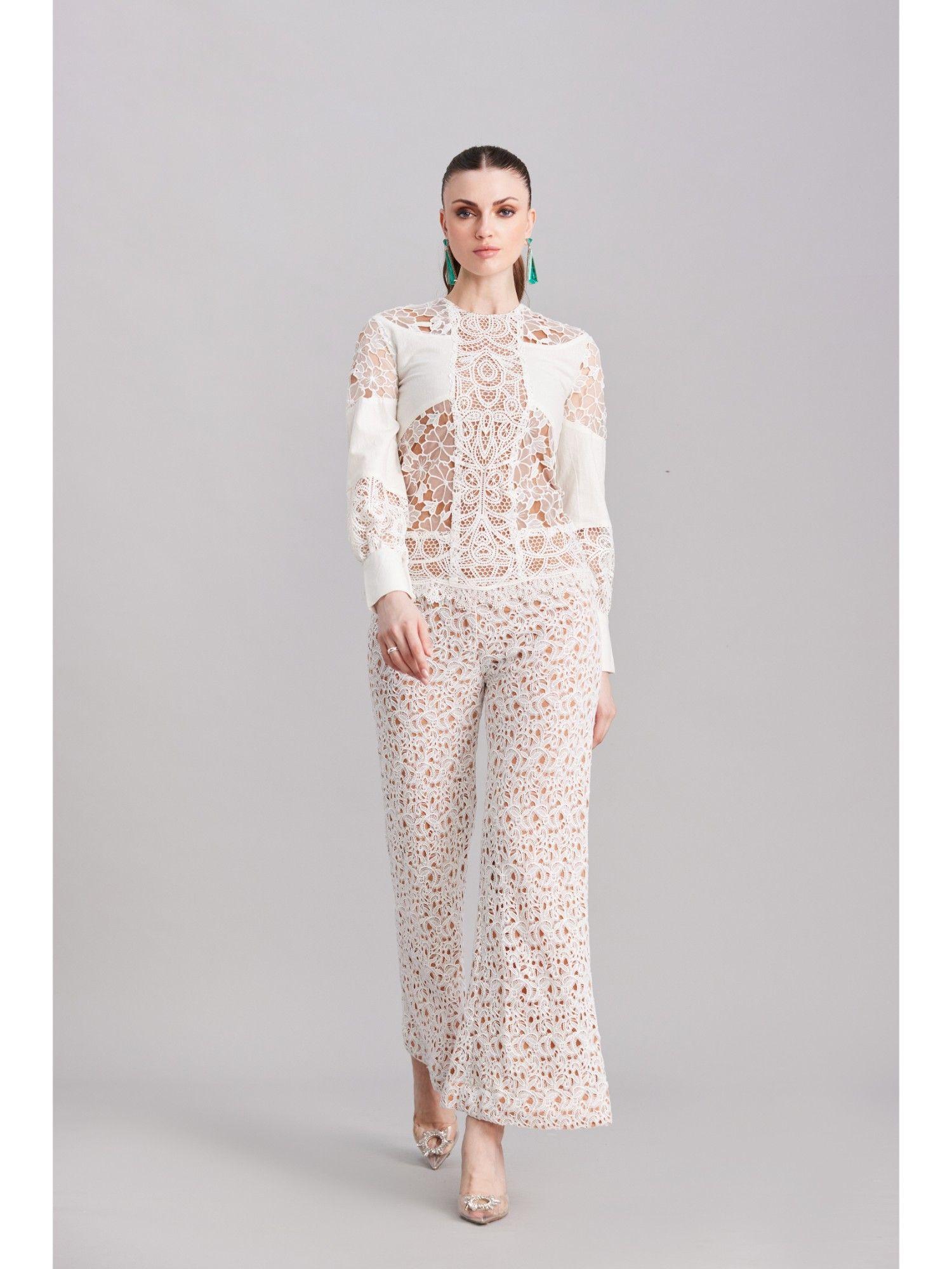 white lace & linen top & pants (set of 2)