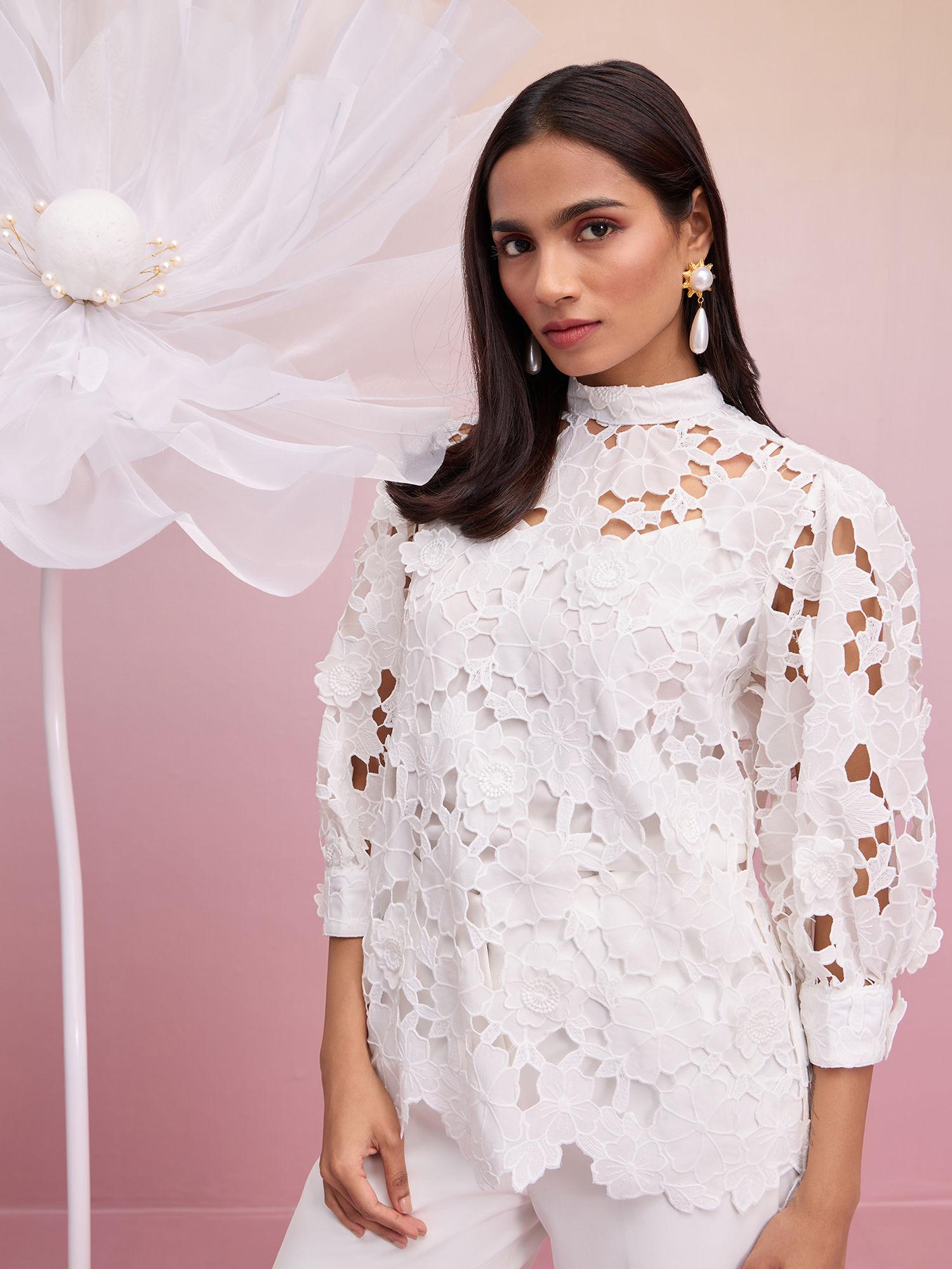 white lace 3d floral cutout top (set of 2)