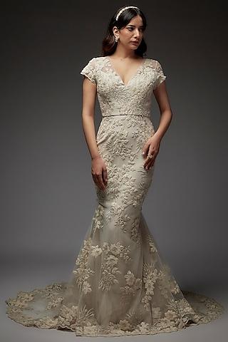 white lace bead embroidered gown