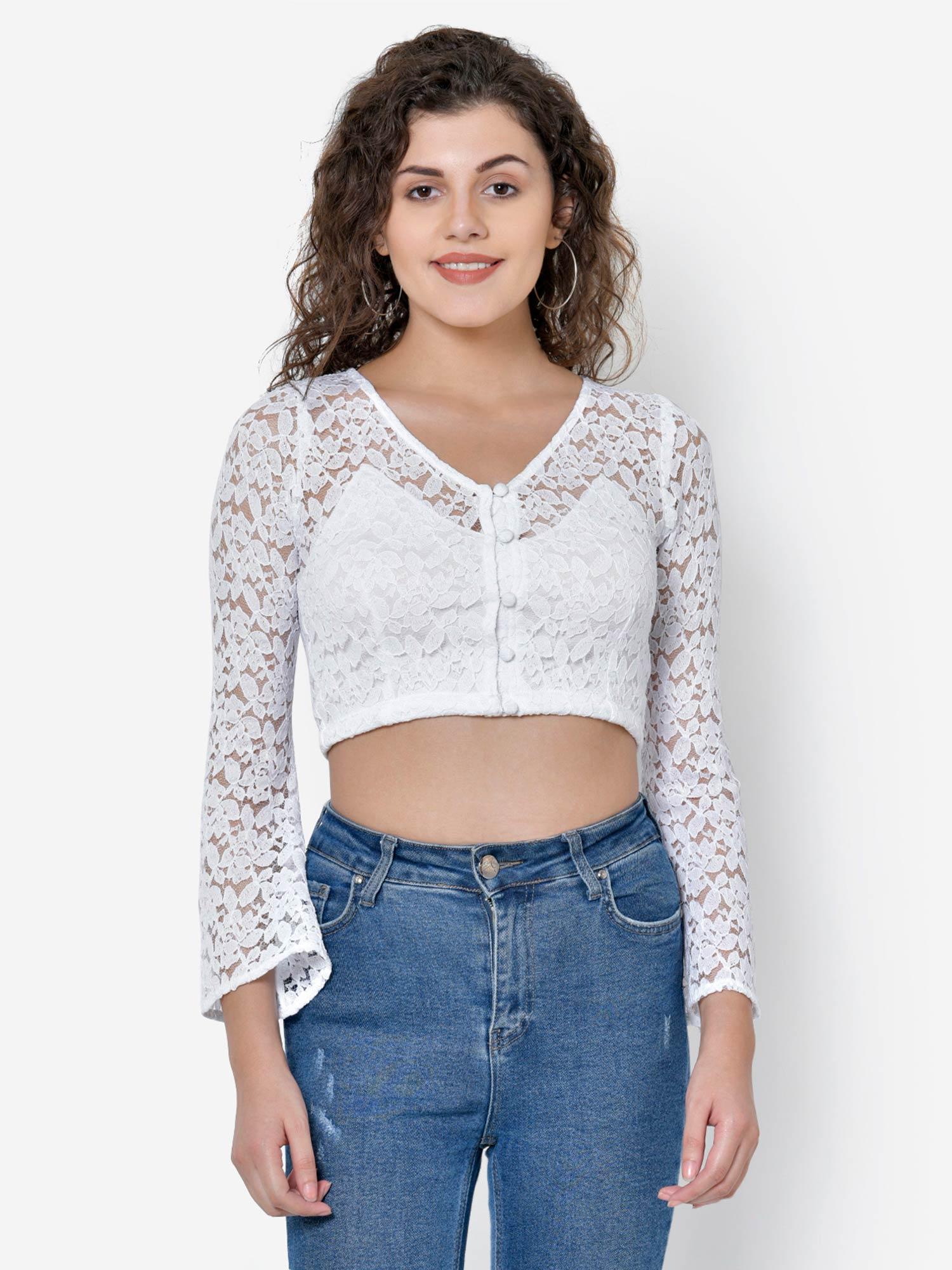 white lace front button crop top