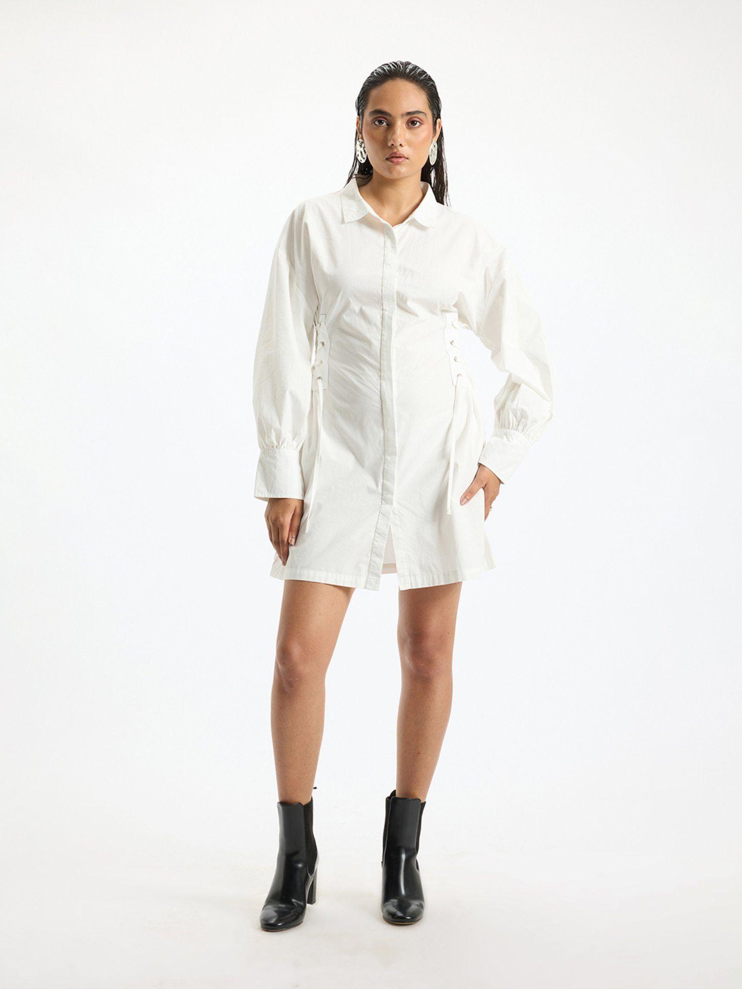 white lace up shirt dress with adjustable waist