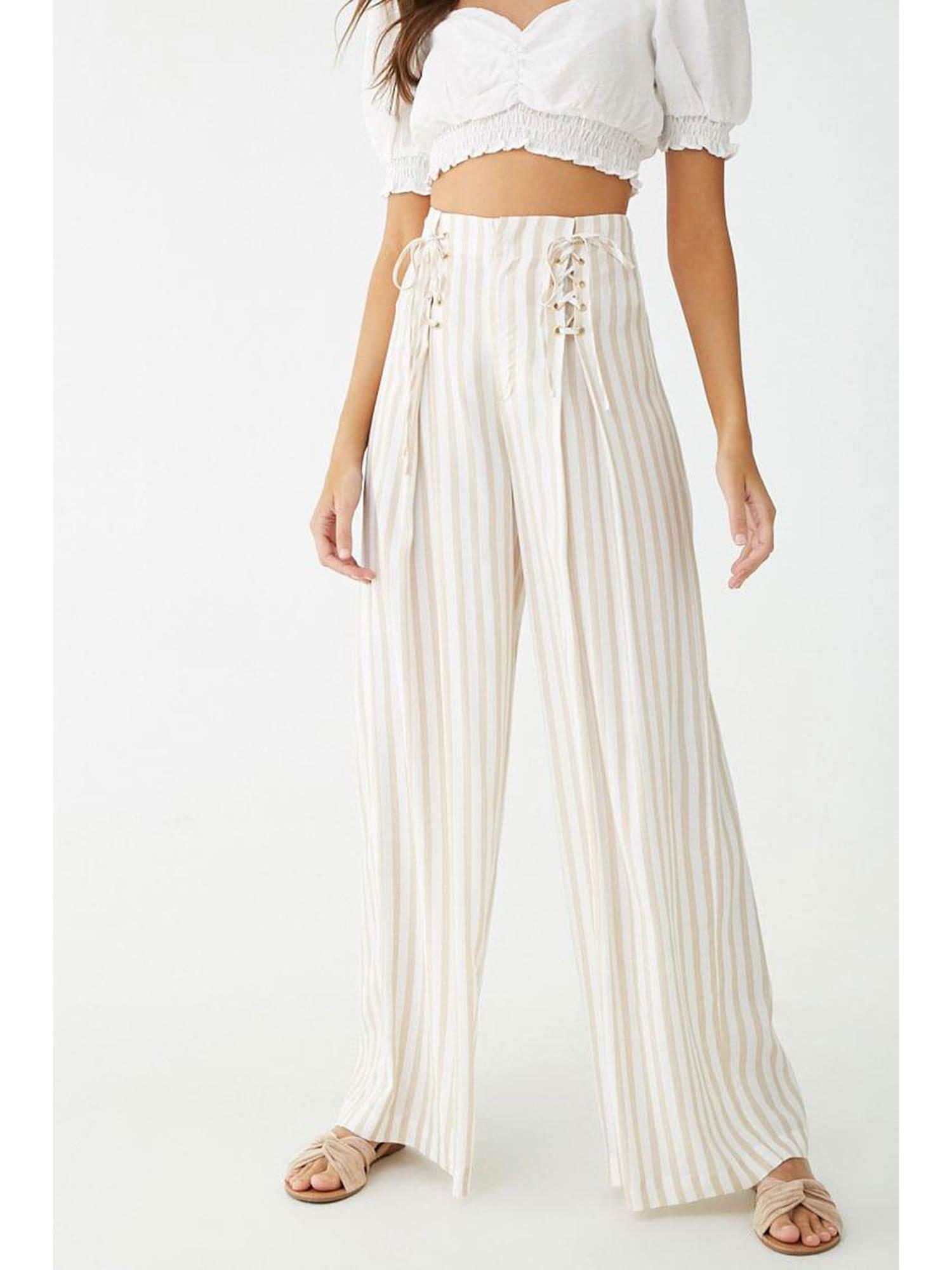 white lace-up striped wide leg pants