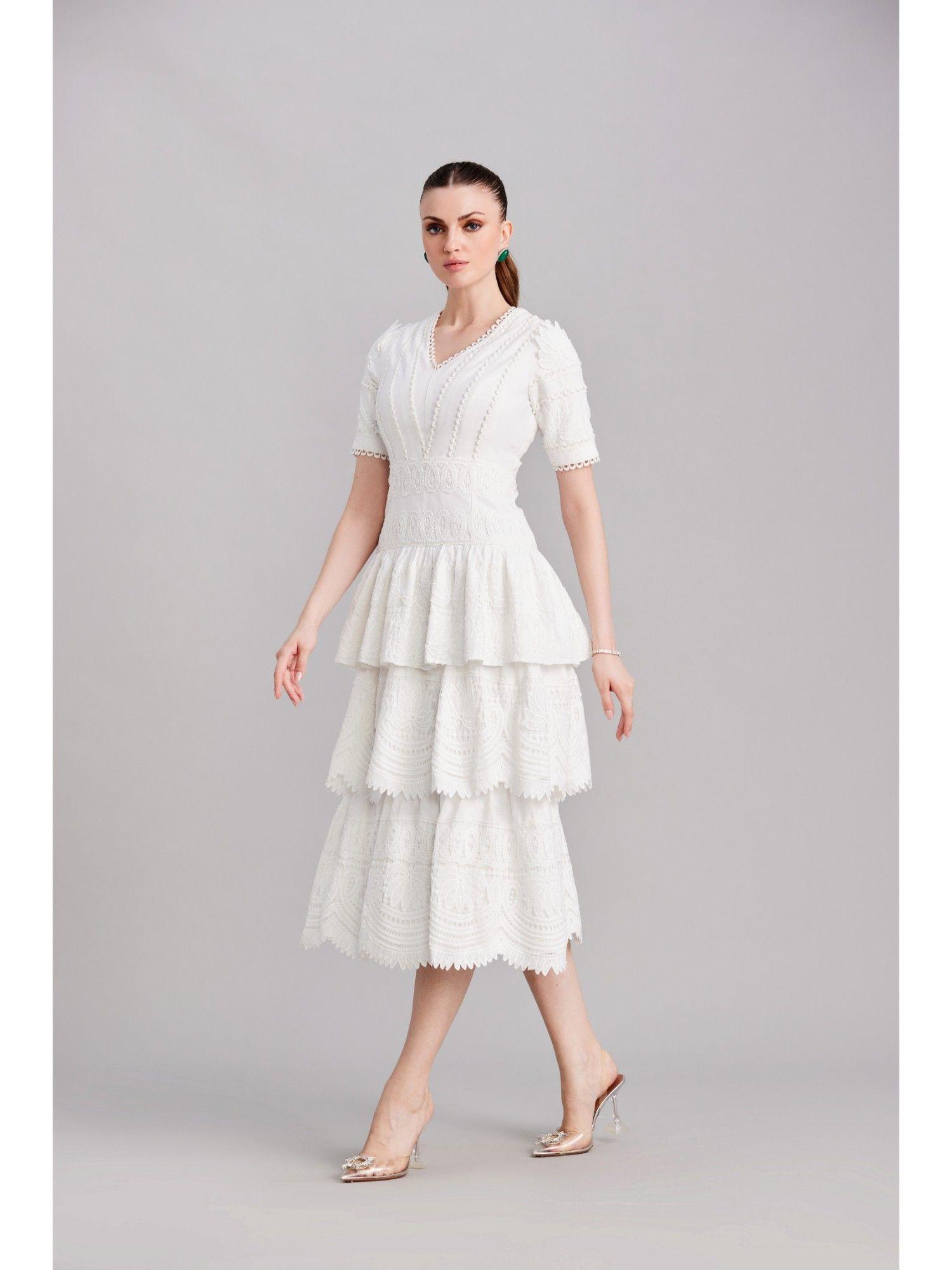 white layered linen & lace midi dress