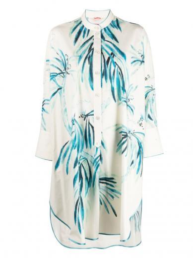 white leaf print cotton shirt dress