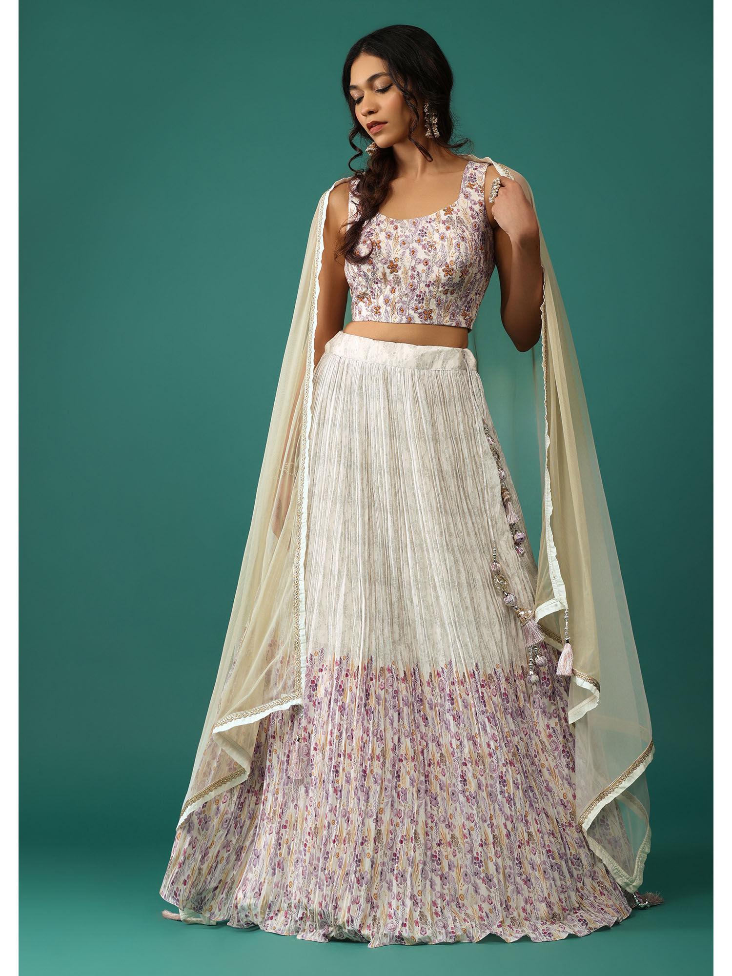 white lehenga and blouse in silk with floral print with dupatta (set of 3)