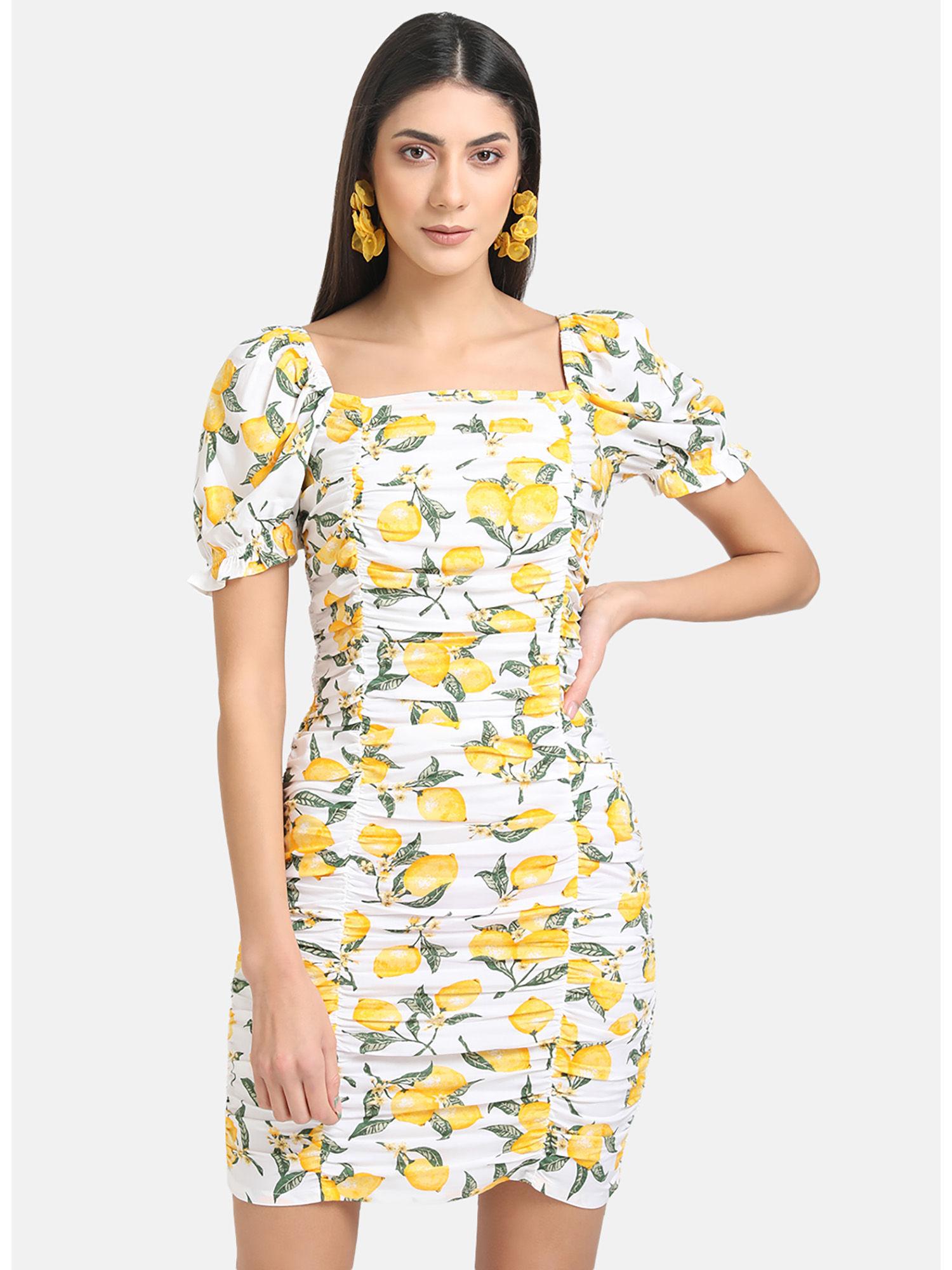 white lemon print ruched mini dress