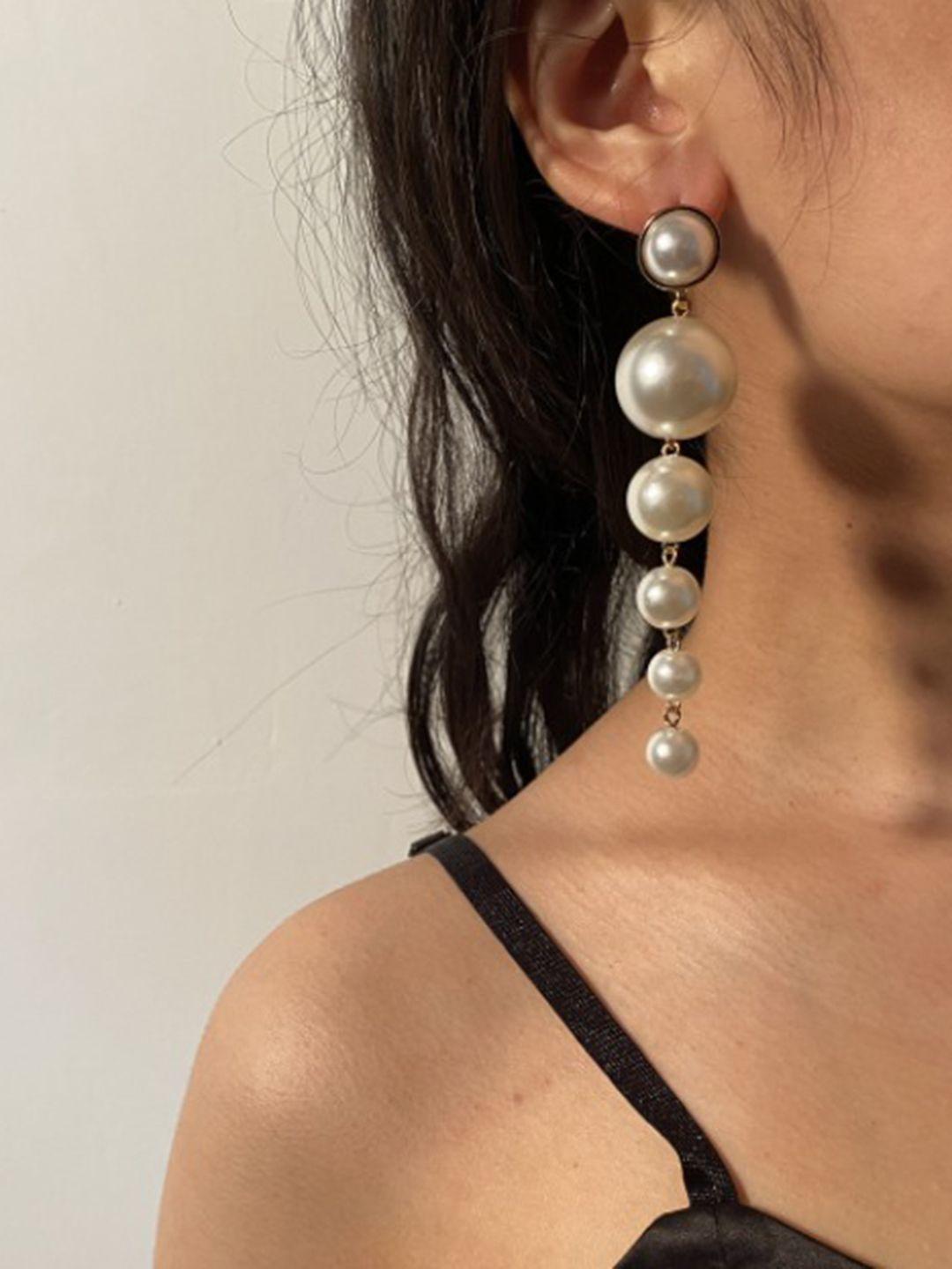 white lies gold-toned & white pearls contemporary drop earrings