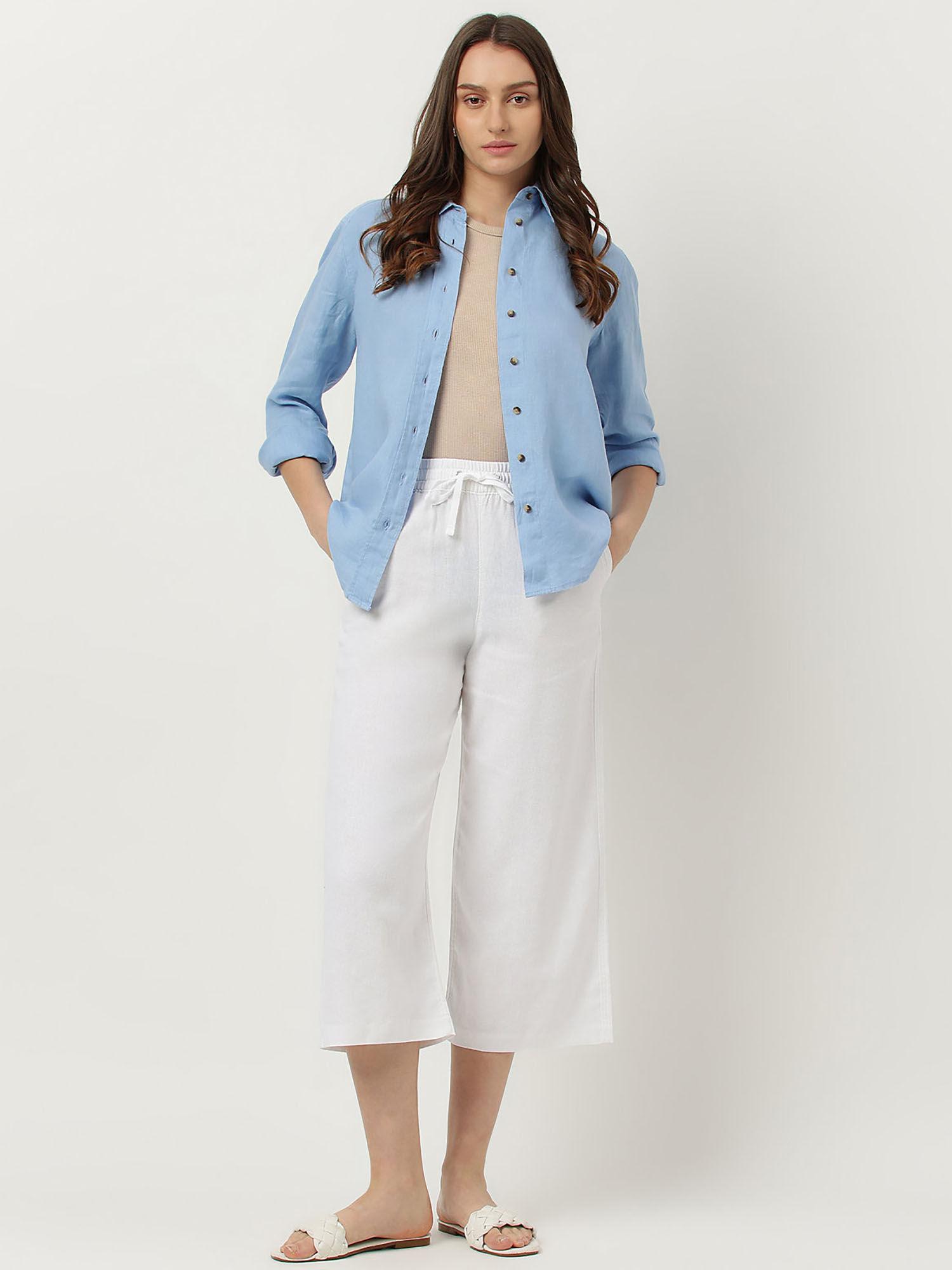 white linen blend solid wide cropped pant