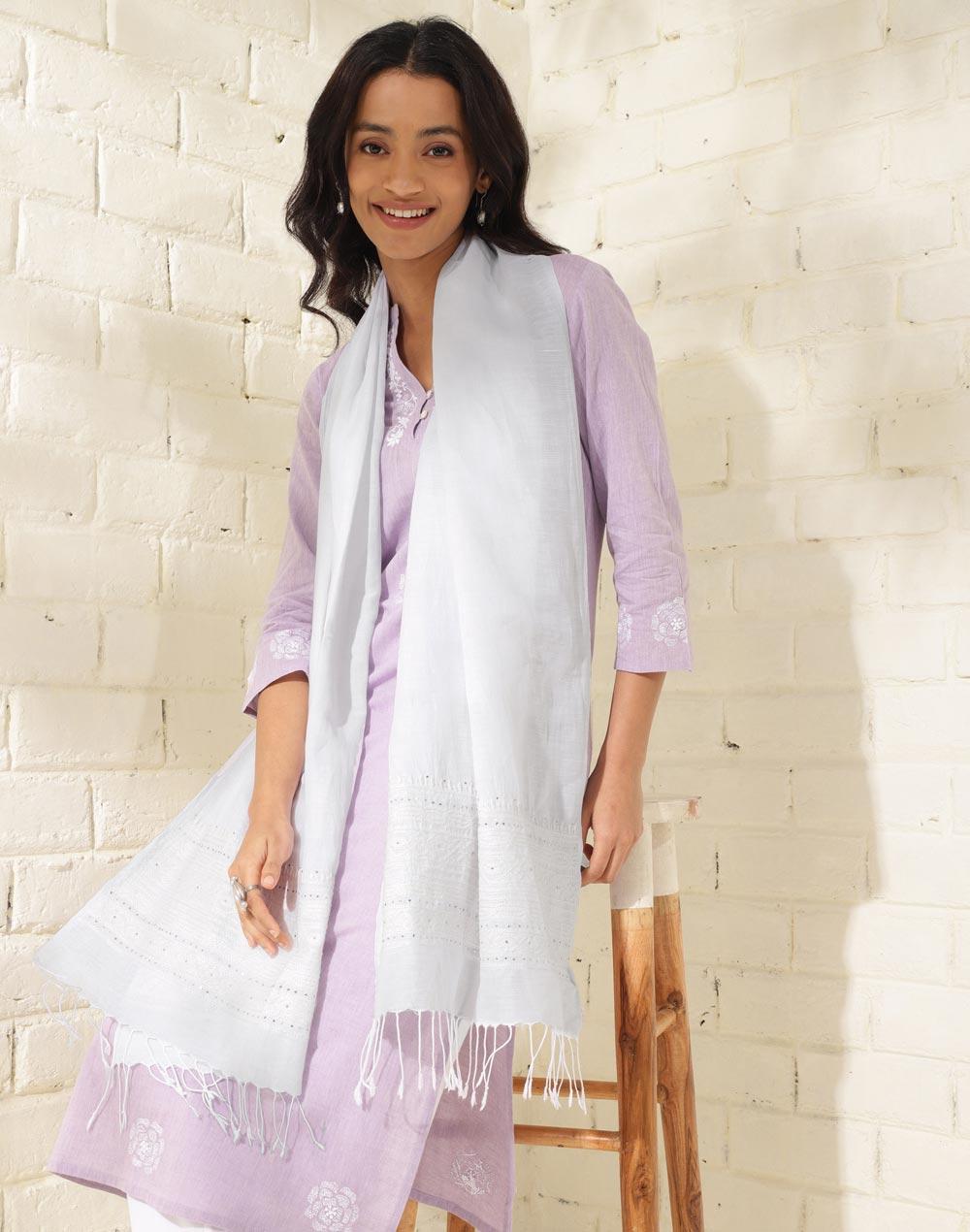 white linen chikankari stole