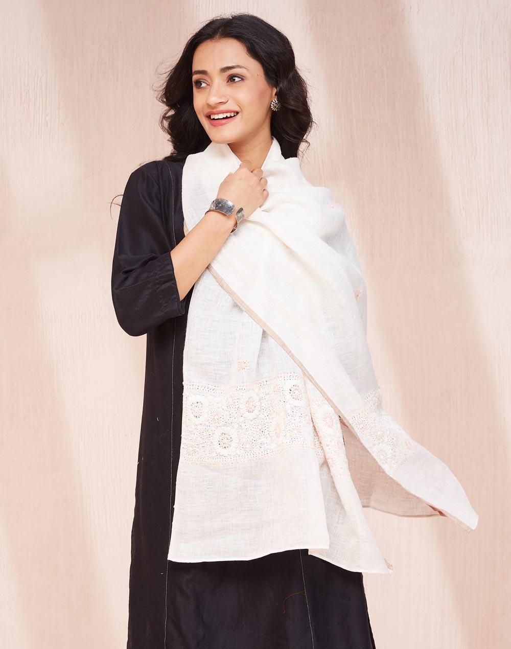 white linen chikankari stole