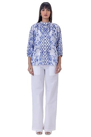 white linen floral printed top