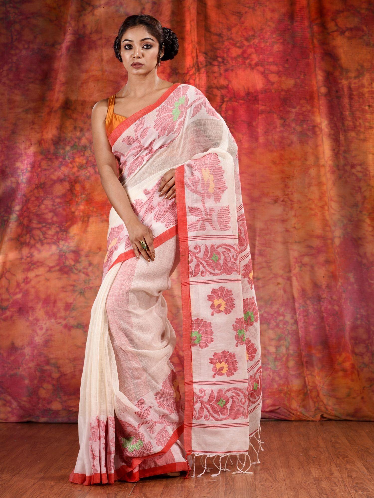 white linen handwoven soft saree with floral design and unstitched blouse