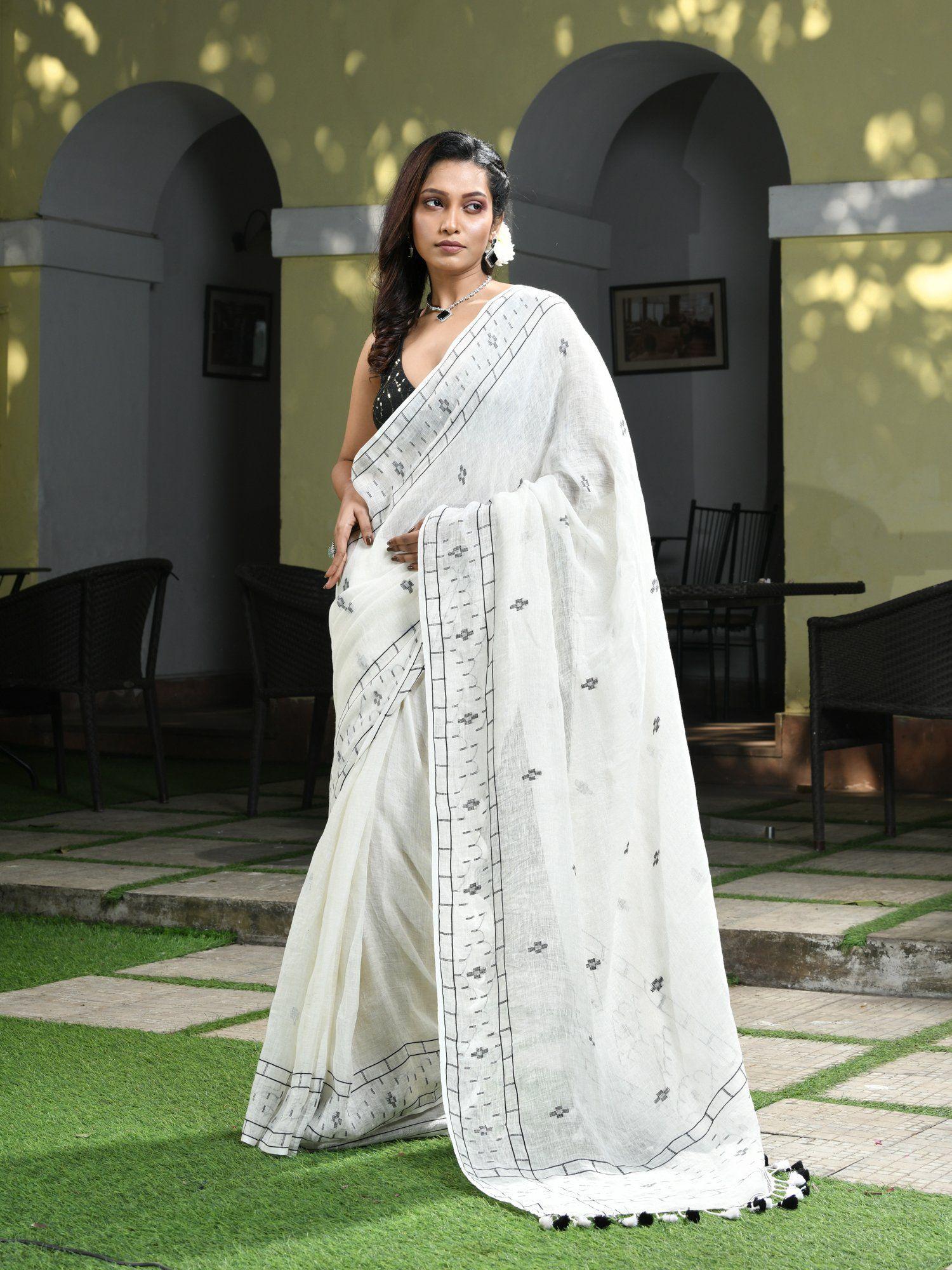 white linen jamdani work handwoven saree with unstitched blouse