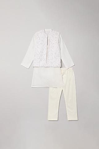 white linen kurta set with bundi jacket for boys