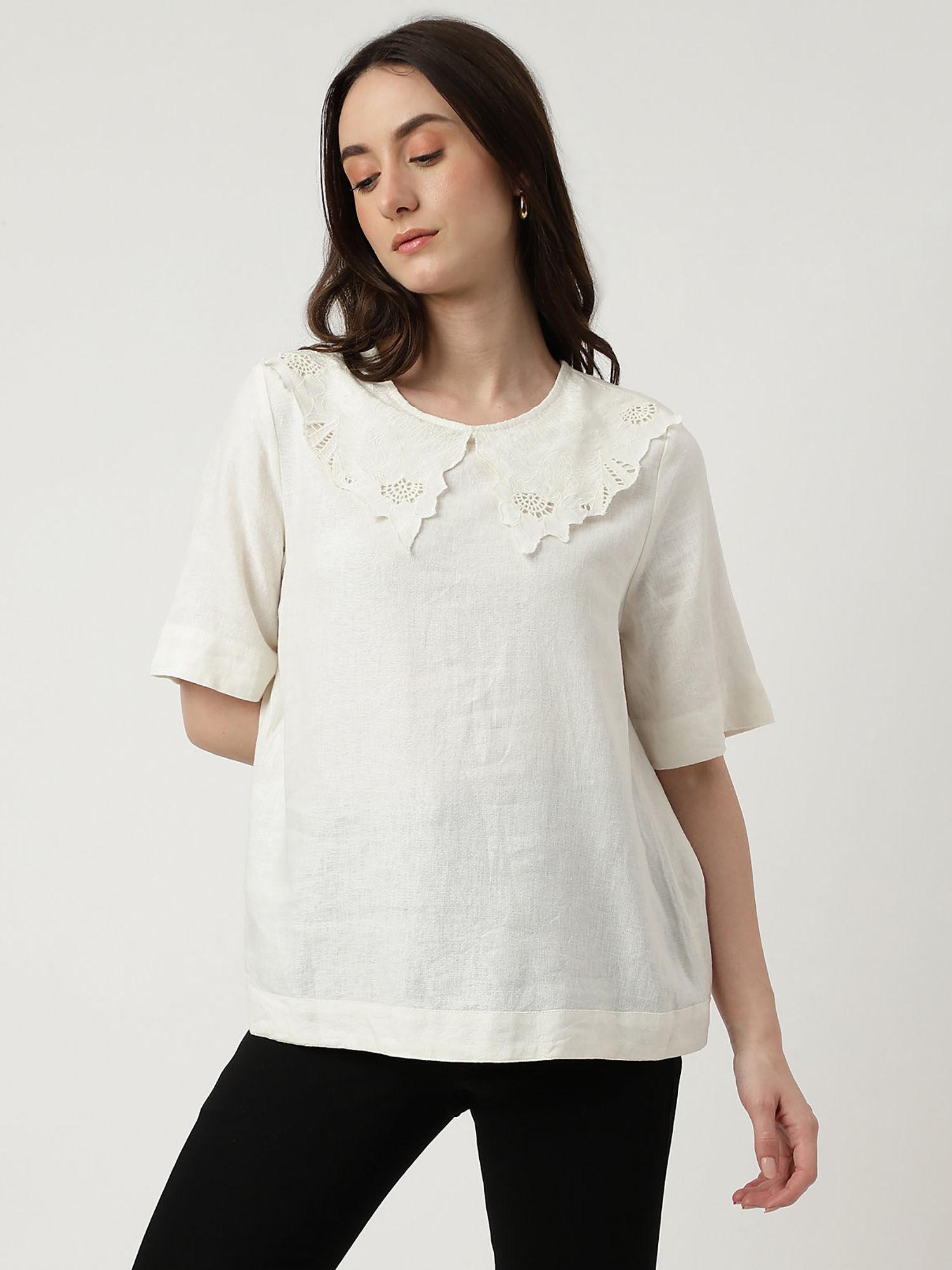 white linen mix embroidered round neck top