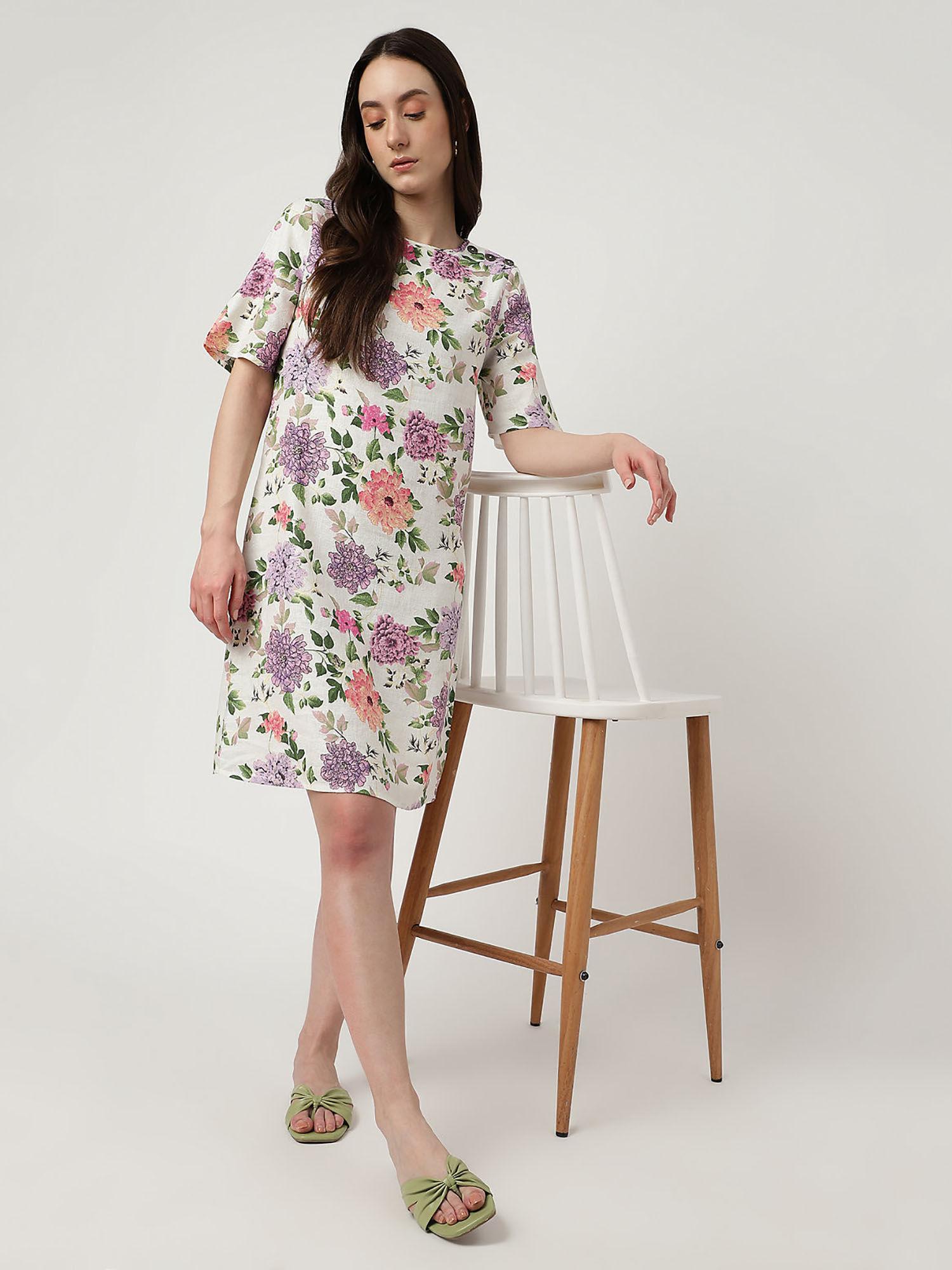 white linen mix printed round neck dress