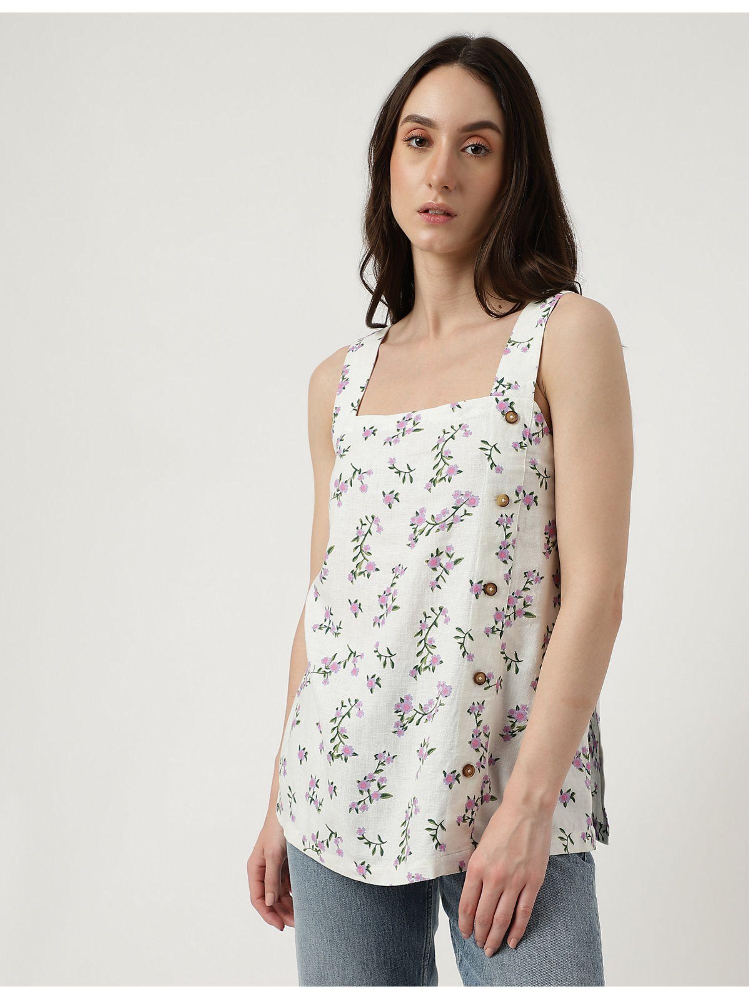 white linen mix printed square neck top