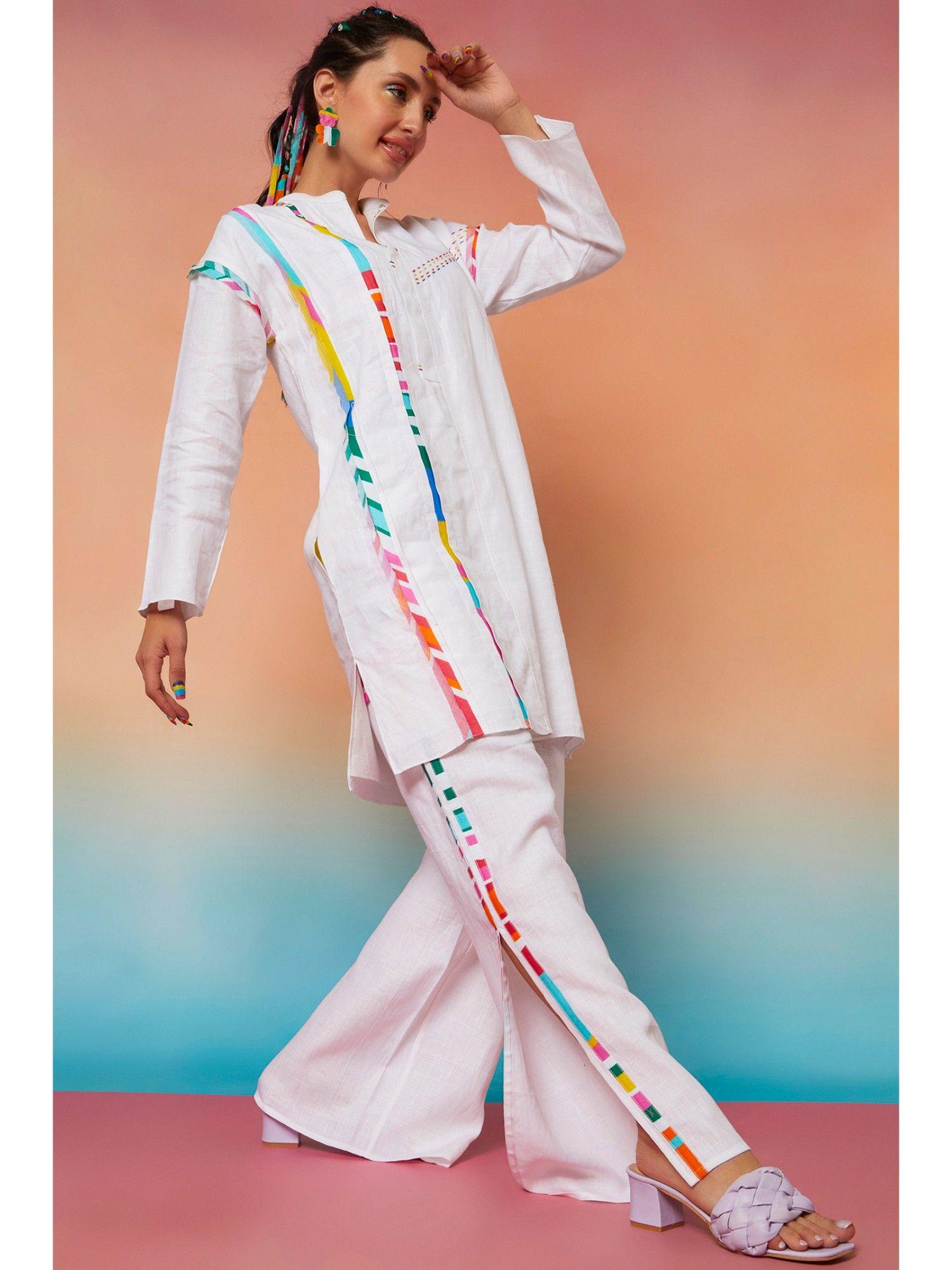 white linen placket kurta and side striped with slit pant (set of 2)