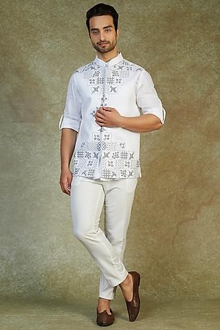 white linen printed pleated bundi jacket with shirt