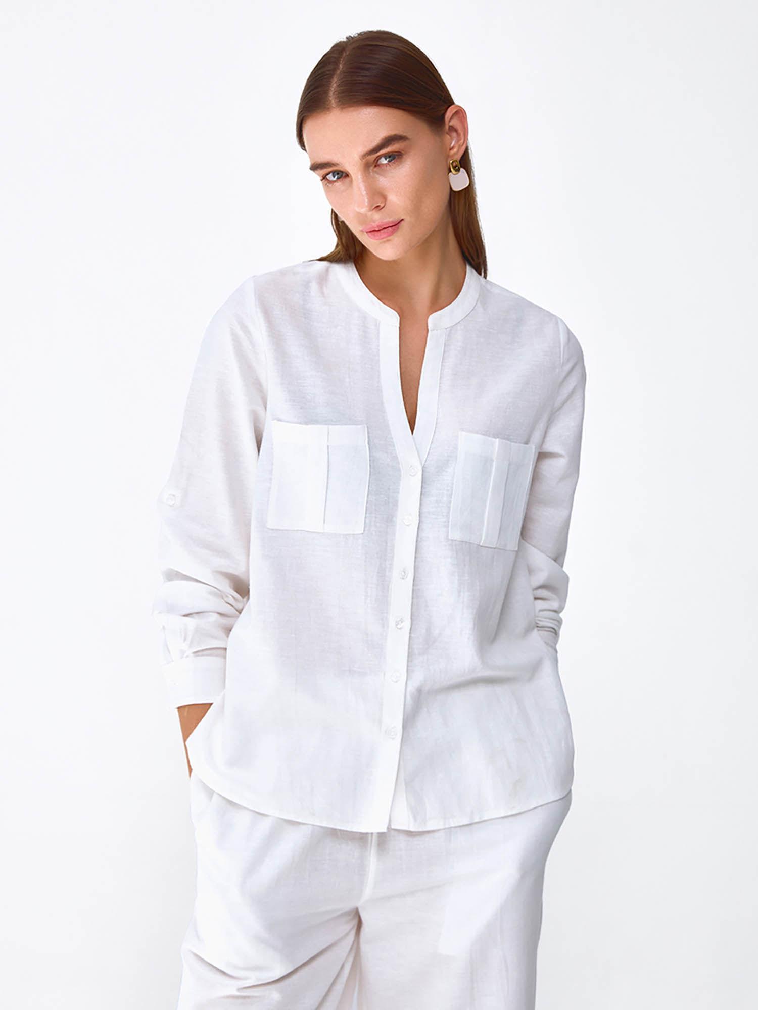 white linen solid mandarin neck shirt