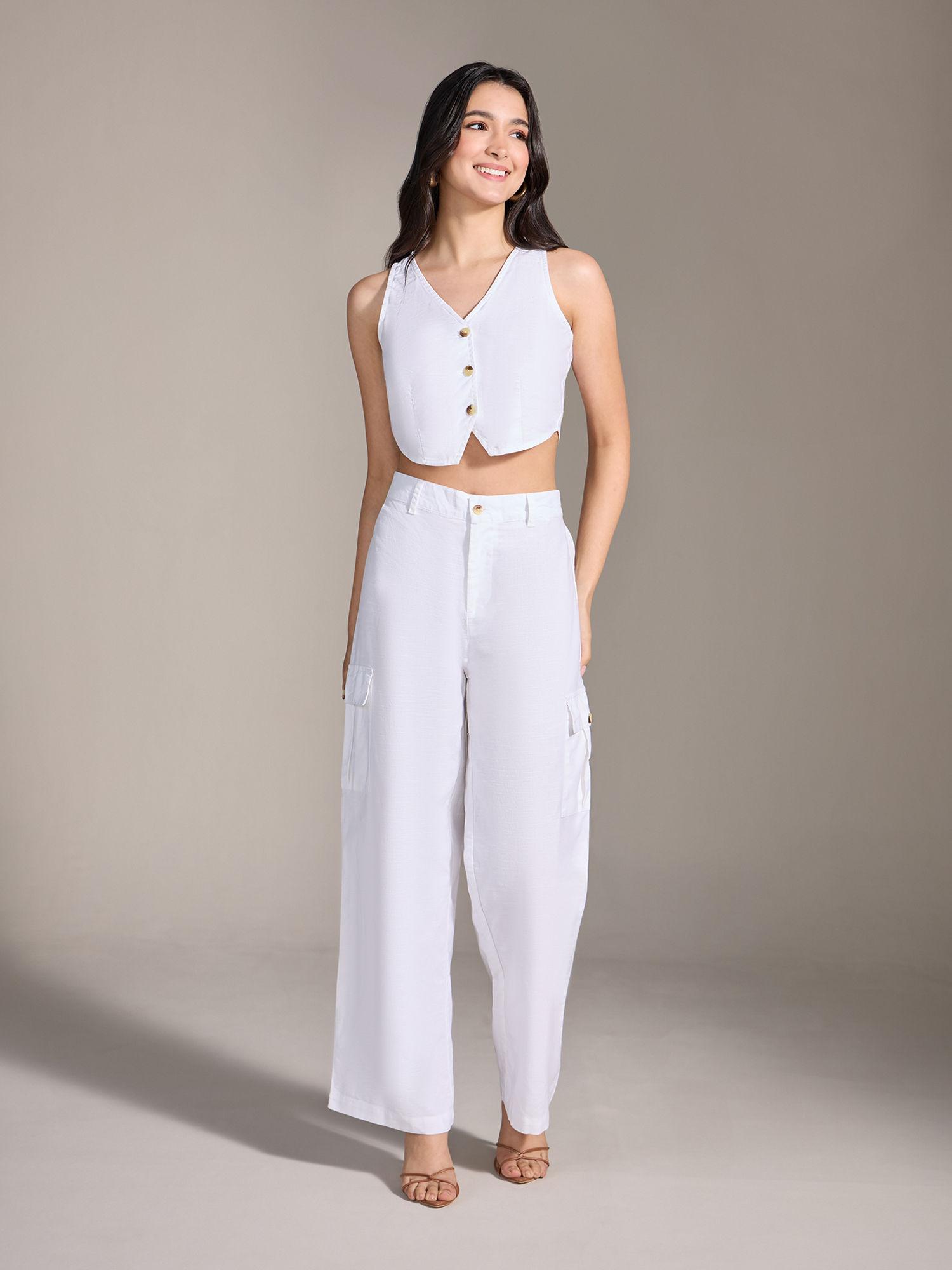 white linen v neck vest high waist cargo pants (set of 2)