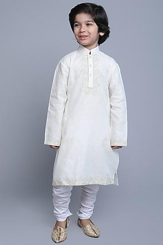 white linen zari & thread kurta set for boys