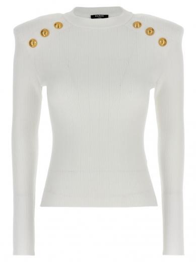 white logo button sweater