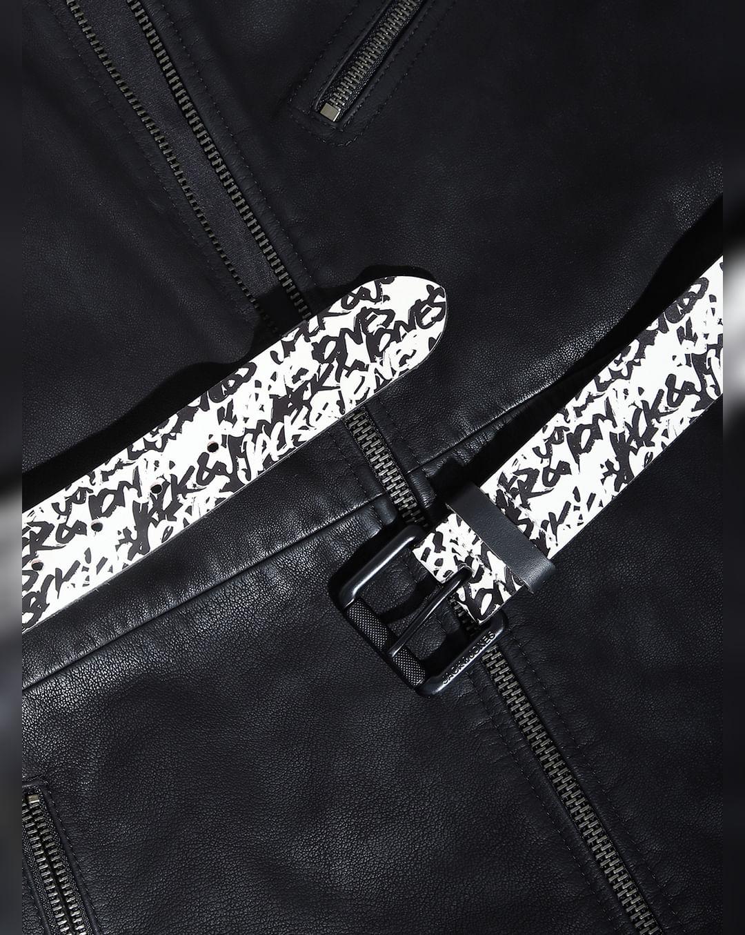 white logo print leather belt